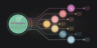 Bilgi grafikleri. İş ve finans akış şemaları, web siteleri, afişler ve sunumlar için piktogramlar içeren vektör şablonu. Düz biçim