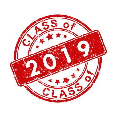 Üzerinde 2019 tarihli bir yazı olan eski bir pulun taklidi. Tematik tasarım için vektör illüstrasyonu, mezunlar toplantısı, diplomalar ve sertifikalar. Basit biçim.