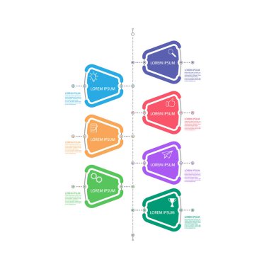 Bilgi grafikleri. İş ve finans akış şemaları, web siteleri, afişler ve sunumlar için piktogramlar içeren vektör şablonu. Düz biçim