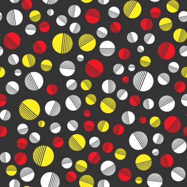 Farklı boyutlarda, kusursuz renkli daireler. Doku, basit arka plan, tekstil ve ambalaj için basit vektör çizimi. Düz biçim