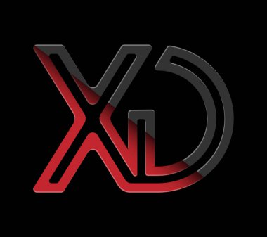 Küçük harf X ve D harfleri kırmızı ve siyah logo, monogram ve yaratıcı tasarım için tek bir satırla bağlanmış. Siyah üzerine izole edilmiş vektör illüstrasyonu.