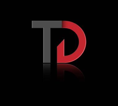 Kırmızı ve siyah renkli T ve D harfleri tek bir satır halinde logo, monogram ve yaratıcı tasarım ile birleştirilmiş. Siyah üzerine izole edilmiş vektör illüstrasyonu.