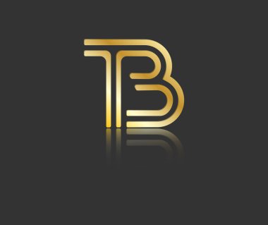 Altın renkli küçük harflerle T ve B harfleri logo, monogram ve yaratıcı tasarım için tek bir satırla birbirine bağlı. Siyah üzerine izole edilmiş vektör illüstrasyonu.
