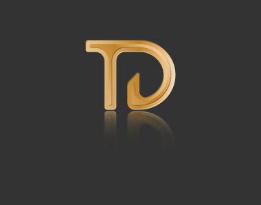 Altın renkli küçük harflerle T ve D harfleri logo, monogram ve yaratıcı tasarım için tek bir satırla birbirine bağlı. Siyah üzerine izole edilmiş vektör illüstrasyonu.