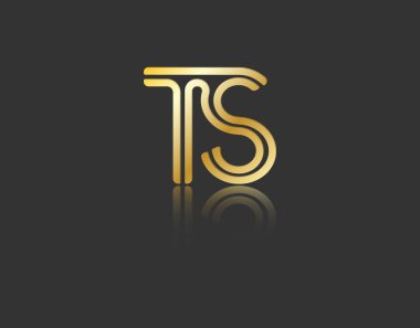Logo, monogram ve yaratıcı tasarım için tek bir satırla birbirine bağlı altın renkli küçük harflerle T ve S harfleri. Siyah üzerine izole edilmiş vektör illüstrasyonu.