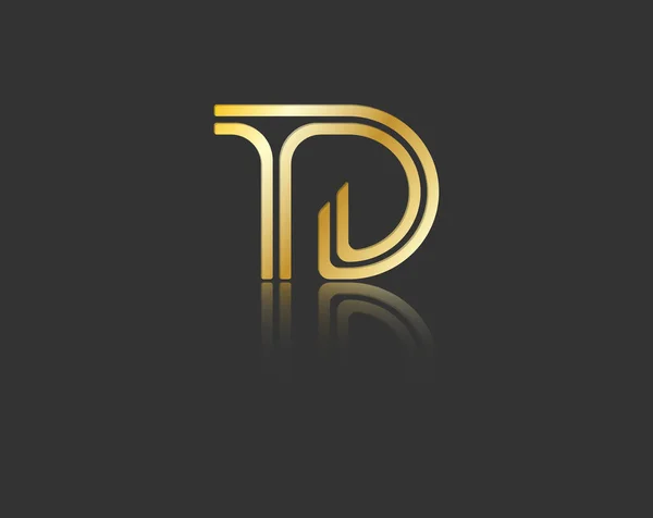 モノグラム 創造的なデザインのための単一のラインによって接続された反射とゴールド様式化された小文字TとD 黒のベクトル図 — ストックベクタ