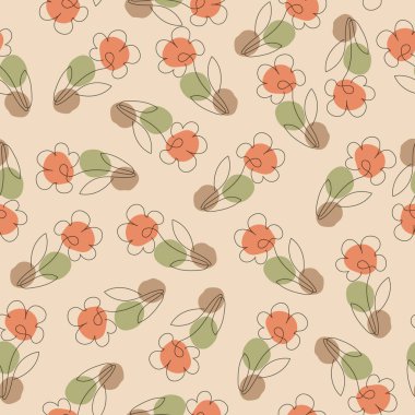 Kusursuz desenli, soyut çiçek desenli, minimalist tarzda. Doğrusal vektör çizimi. Düz tasarım.
