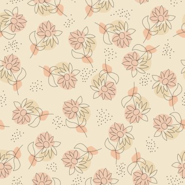 Kusursuz desenli, soyut çiçek desenli, minimalist tarzda. Doğrusal vektör çizimi. Düz tasarım.