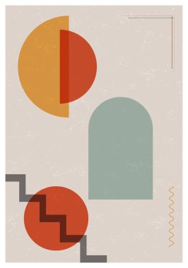 Geometrik elementlerle modern minimalist sanat tarzında soyut resim. Kartlar, posterler, sosyal medya ve baskılar için tasarım. Vektör illüstrasyonu