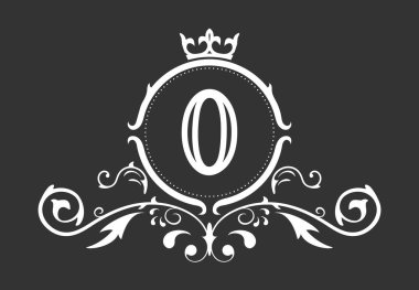 Stil numarası 0. Kartvizitler, logolar, amblemler ve hanedan tasarımları için süs ve taç monogramı şablonu. Vektör illüstrasyonu