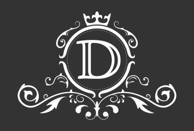 Latin alfabesinin stilize D harfi. Resim, kartvizit, logo, amblem ve habercilik tasarımı için süs ve taçla monogram şablonu. Vektör illüstrasyonu