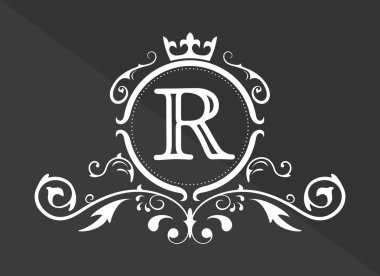 Latin alfabesinin stilize edilmiş R harfi. Resim, kartvizit, logo, amblem ve habercilik tasarımı için süs ve taçla monogram şablonu. Vektör illüstrasyonu