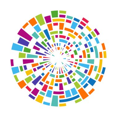 Renkli bölgelere ayrılmış çok renkli soyut çemberler. Tematik tasarım için vektör çizimi. Düz tasarım