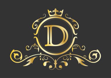 Latin alfabesinin altın şekillendirilmiş D harfi. Resim, kartvizit, logo, amblem ve habercilik tasarımı için süs ve taçla monogram şablonu. Vektör illüstrasyonu