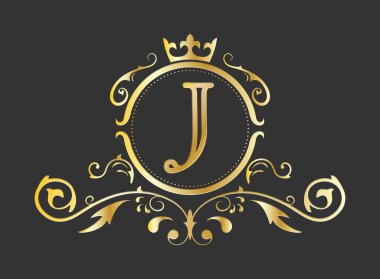 Latin alfabesinin altın renkli J harfi. Resim, kartvizit, logo, amblem ve habercilik tasarımı için süs ve taçla monogram şablonu. Vektör illüstrasyonu