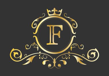 Latin alfabesinin altın renkli F harfi. Resim, kartvizit, logo, amblem ve habercilik tasarımı için süs ve taçla monogram şablonu. Vektör illüstrasyonu