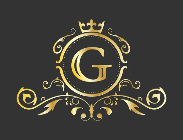 Letra Estilizada Dourada Alfabeto Latino Modelo Monograma Com Ornamento Coroa —  Vetores de Stock