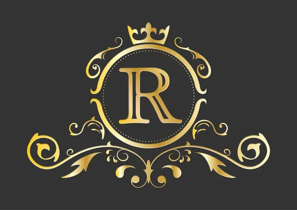 ラテン文字の黄金様式化された文字R エンブレムと紋章のデザインのための装飾と王冠とモノグラムテンプレート ベクターイラスト — ストックベクタ