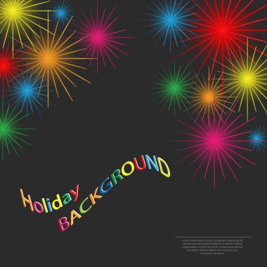 Kutlamaların, afişlerin, posterlerin, posterlerin, kartpostalların ve tematik tasarımların dekorasyonu için havai fişeklerin bulunduğu şenlikli bir arka plan. Vektör illüstrasyonu.