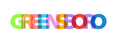 GREENSBORO. Beyaz bir arka planda şehrin adı. Poster, kartpostal ve afiş için vektör tasarım şablonu. Vektör illüstrasyonu.