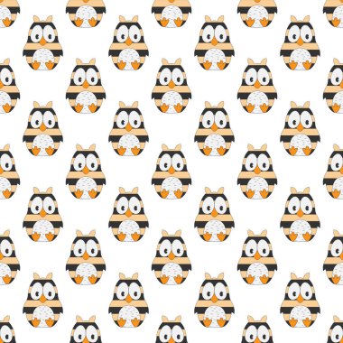 Çizgi film baykuşu. Basit arka planlar, dokular, duvar kağıtları ve ambalajlar için kusursuz desen. Düz tasarım.