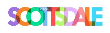 SCOTTSDALE. Beyaz bir arka planda şehrin adı. Poster, kartpostal ve afiş için vektör tasarım şablonu. Vektör illüstrasyonu.