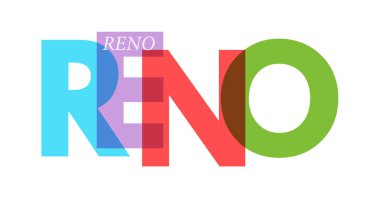 RENO. Beyaz bir arka planda şehrin adı. Poster, kartpostal ve afiş için vektör tasarım şablonu. Vektör illüstrasyonu.