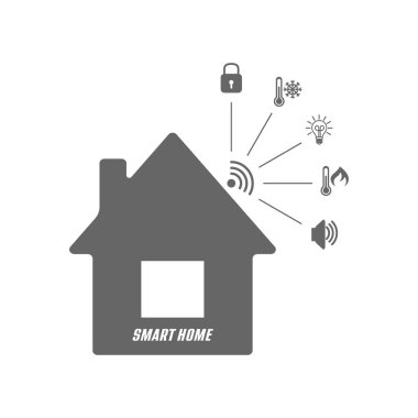 Akıllı ev ikonu ve teknik yeteneklerin piktogramları. Düz biçim.