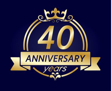 40. yıl dönümü. Altın yuvarlak çerçeveli, taç ve kurdeleli. Doğum günü, düğün ya da yıldönümü kutlamaları için vektör illüstrasyonu, yaratıcı tasarım için. Basit biçim.