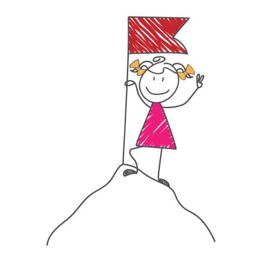 Cartoon character of a girl with a flag on the top of a mountain. Simple editable linear icon. Flat styl vector