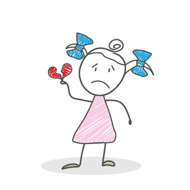 Elinde kırık bir kalple üzgün bir kızın çizgi film karakteri. Basit düzenlenebilir doğrusal simge. Düz biçim