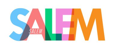 SALEM. Beyaz bir arka planda şehrin adı. Poster, kartpostal ve afiş için vektör tasarım şablonu. Vektör illüstrasyonu.