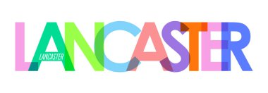 LANCASTER. Beyaz bir arka planda şehrin adı. Poster, kartpostal ve afiş için vektör tasarım şablonu. Vektör illüstrasyonu.
