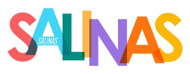 Salinalar. Beyaz bir arka planda şehrin adı. Poster, kartpostal ve afiş için vektör tasarım şablonu. Vektör illüstrasyonu.