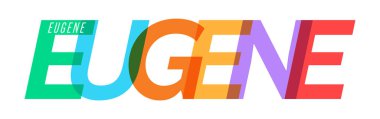 EUGENE. Beyaz bir arka planda şehrin adı. Poster, kartpostal ve afiş için vektör tasarım şablonu. Vektör illüstrasyonu.