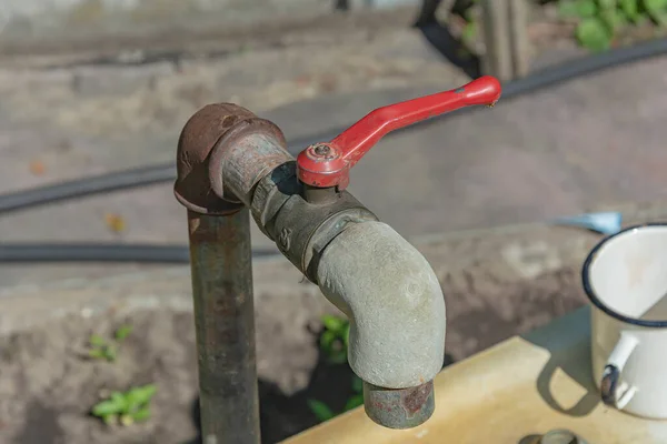 Ball water tap for watering plants on a private farmstead. Stock photo.