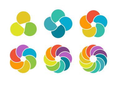 Bilgi grafiklerini, iş planlarını, pazarlamayı ve raporlamayı görselleştirmek için 3, 4, 5, 6, 8 ve 10 unsurlu renkli turta grafikleri. Basit tasarım, hisse vektörü çizimi.