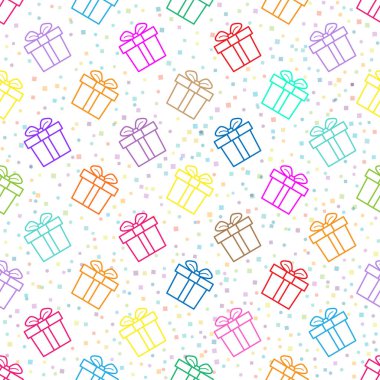 Doku, tekstil, ambalaj ve basit arka planlar için fiyonklu kusursuz hediye kutusu deseni. Düz Biçim