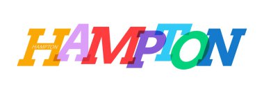 Hampton 'da. Beyaz bir arka planda şehrin adı. Poster, kartpostal ve afiş için vektör tasarım şablonu. Vektör illüstrasyonu.