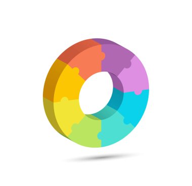 İnfografik diyagramlar ve yaratıcı tasarım için üç boyutlu bir yapboz çemberi. Beyaz arkaplanda izole edilmiş vektör illüstrasyonu.