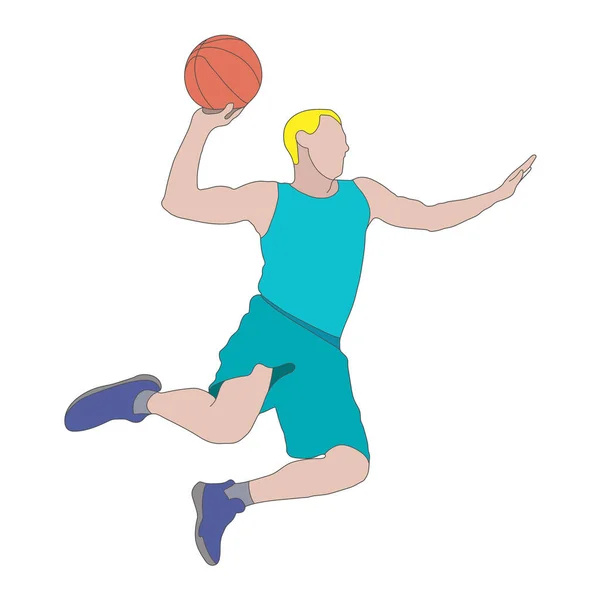 一个篮球运动员带球的彩色轮廓 平面风格 — 图库矢量图片