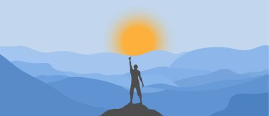 Silhouette of a man on top of a mountain and the sun rising from behind the mountains. Simple Style vector