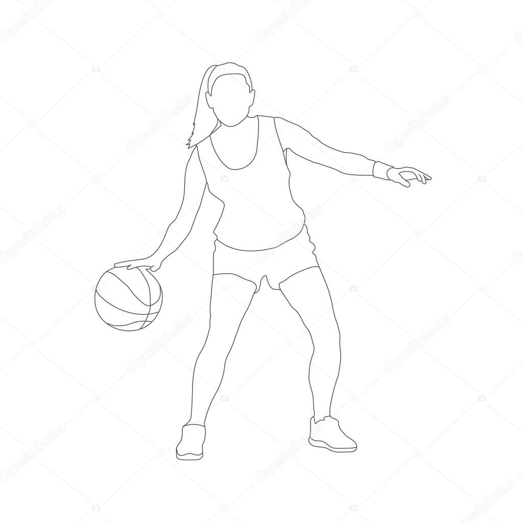 Basketball. Female basketball player with a ball, empty outline. Simple Style