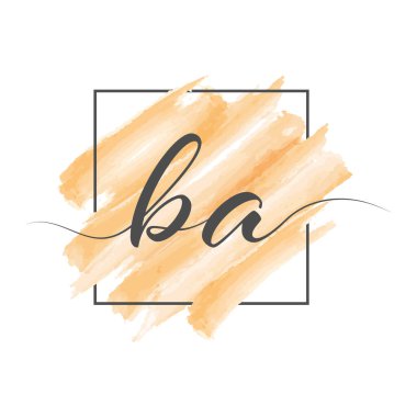 Calligraphic lowercase letters BA in a single line on a colored background in a frame. Vector illustration isolated on a white background. Creative design.