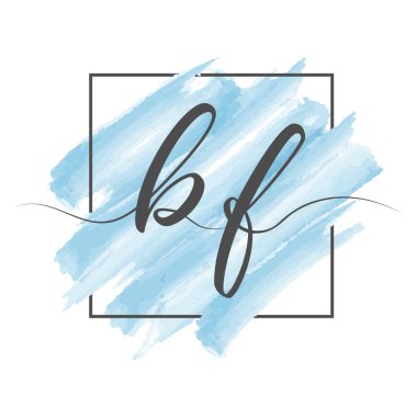 Calligraphic lowercase letters BF in a single line on a colored background in a frame. Vector illustration isolated on a white background. Creative design.