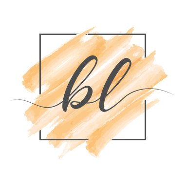 Calligraphic lowercase letters BL in a single line on a colored background in a frame. Vector illustration isolated on a white background. Creative design.