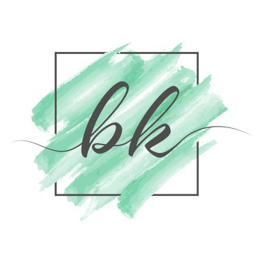 Calligraphic lowercase letters BK in a single line on a colored background in a frame. Vector illustration isolated on a white background. Creative design.
