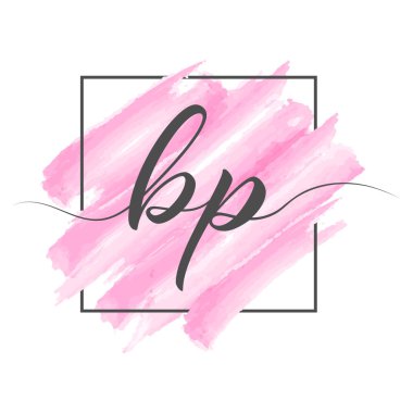 Calligraphic lowercase letters BP in a single line on a colored background in a frame. Vector illustration isolated on a white background. Creative design.