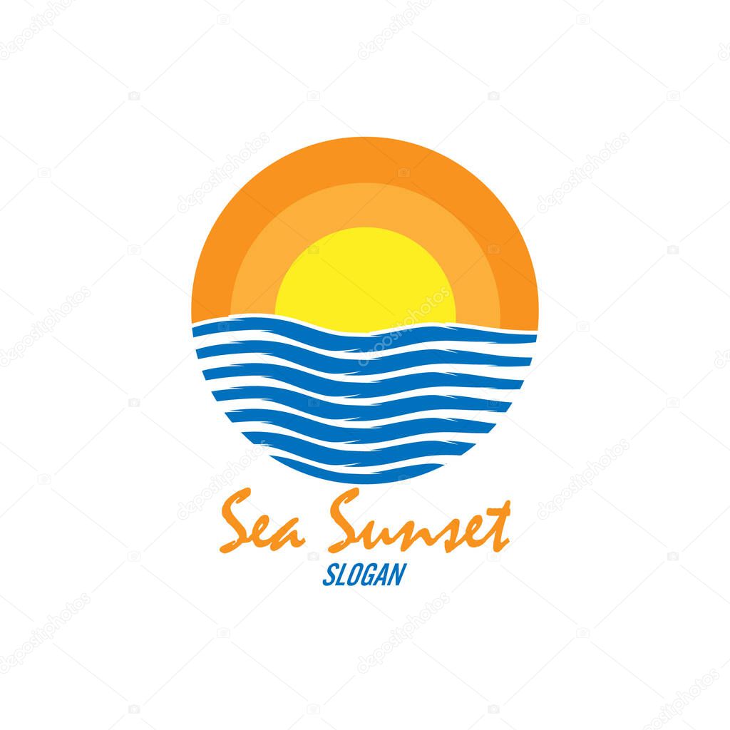 Round logo of the sea sunset. Vector illustration for logo, websites, apps, stickers and logos. Flat design.