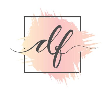Kaligrafik küçük harf DF, bir çerçevedeki renkli arkaplan üzerinde sağlam bir satır halinde yazılır. Vektör çizimi. Basit Biçim